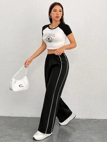 SHEIN PETITE 側邊對比色直筒長褲，適合嬌小女性 - 黑色 - 查看 7