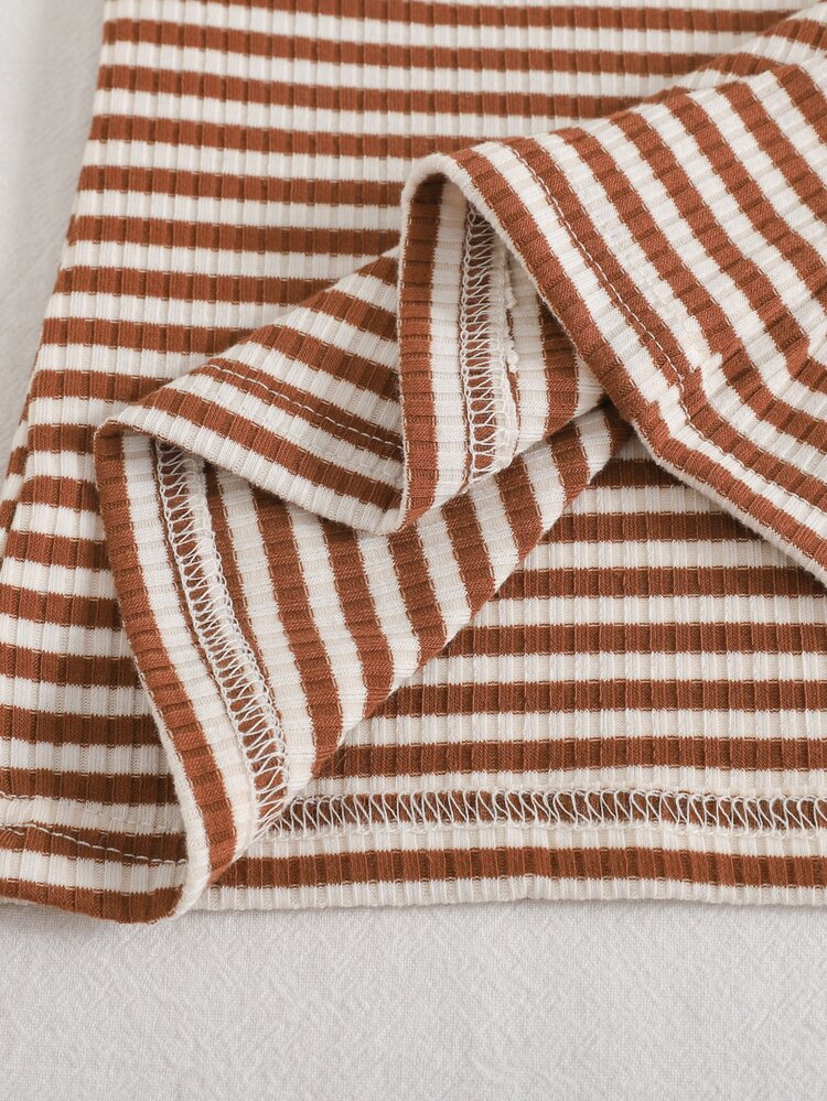 SHEIN Baby Girl Shirt Set Bow Corduroy Top Spring Fall Casual Knit Striped Long Sleeve Cute Fashion Suspender Butterfly Versatile Brown Daily Outdoor - Brown - View 12