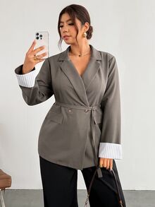 SHEIN CURVE+ French Style Plus Size Women's Lapel Neck Double-Breasted Patchwork Striped Cuff Casual Blazer, Suitable For Autumn/Winter 5XL-8XL - Grey - View 8