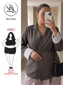 SHEIN CURVE+ French Style Plus Size Women's Lapel Neck Double-Breasted Patchwork Striped Cuff Casual Blazer, Suitable For Autumn/Winter 5XL-8XL - Grey - View 1