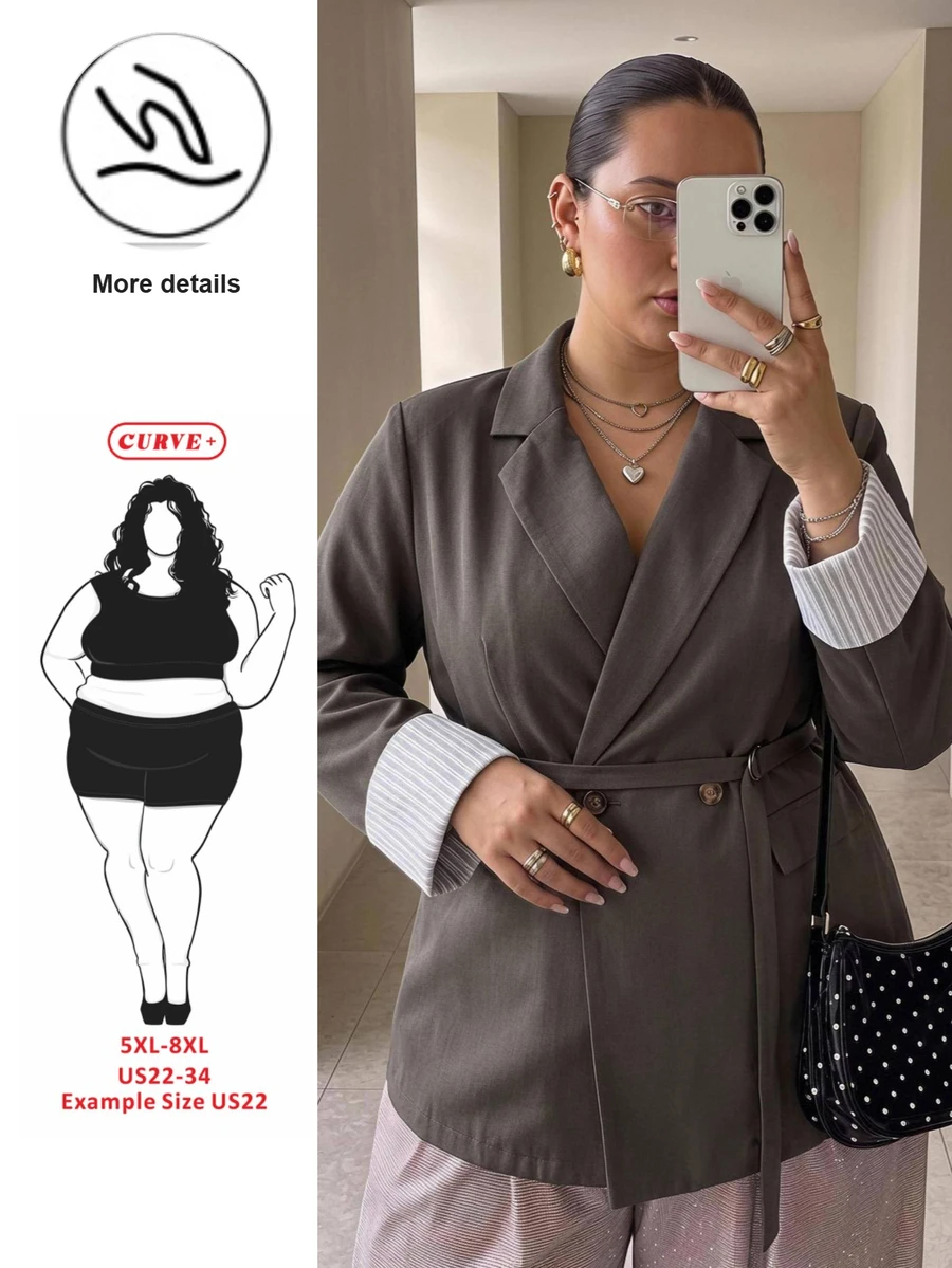 SHEIN CURVE+ French Style Plus Size Women's Lapel Neck Double-Breasted Patchwork Striped Cuff Casual Blazer, Suitable For Autumn/Winter 5XL-8XL - Grey - View 1