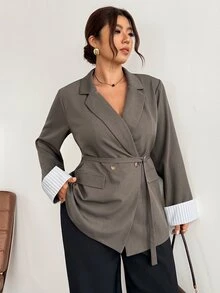 SHEIN CURVE+ French Style Plus Size Women's Lapel Neck Double-Breasted Patchwork Striped Cuff Casual Blazer, Suitable For Autumn/Winter 5XL-8XL - Grey - View 6