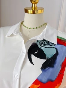 Rometta Plus Size Women Parrot Print Batwing Sleeve Button Front Casual Holiday Shirt Dress, Summer - Multicolor - View 5