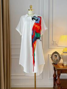 Rometta Plus Size Women Parrot Print Batwing Sleeve Button Front Casual Holiday Shirt Dress, Summer - Multicolor - View 8