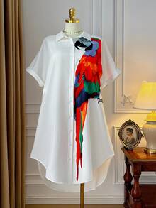Rometta Plus Size Women Parrot Print Batwing Sleeve Button Front Casual Holiday Shirt Dress, Summer - Multicolor - View 3