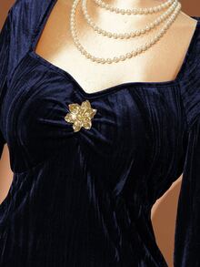 Rometta 女士优雅派对方领长袖褶皱A字长裙，金属别针装饰，拉绒提花面料，褶皱纹理，适合派对、宴会、休闲外出、办公等场合，秋冬季 - 藏蓝色 - 查看 6