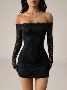 SHEIN PETITE Women's Off-Shoulder Long Sleeve Lace Patchwork Mini Dress,Autumn Dresses Clothes Black Floral,Petite Women Night Out Date Night Sexy - Black - View 1