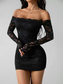 SHEIN PETITE Women's Off-Shoulder Long Sleeve Lace Patchwork Mini Dress,Autumn Dresses Clothes Black Floral,Petite Women Night Out Date Night Sexy - Black - View 6