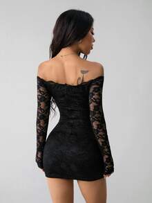 SHEIN PETITE Women's Off-Shoulder Long Sleeve Lace Patchwork Mini Dress,Autumn Dresses Clothes Black Floral,Petite Women Night Out Date Night Sexy - Black - View 2