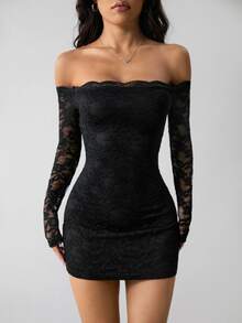 SHEIN PETITE Women's Off-Shoulder Long Sleeve Lace Patchwork Mini Dress,Autumn Dresses Clothes Black Floral,Petite Women Night Out Date Night Sexy - Black - View 8