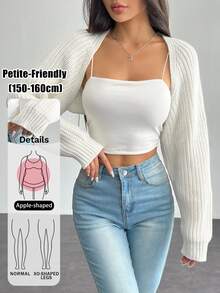 SHEIN PETITE Balletcore Ribbed Knit Raglan Sleeve Shrug Crop Cardigan Without Cami Top Knitted Sweater In Autumn Petite Women Back-To-School Everyday White Casual - White - View 8