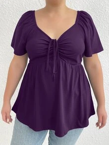 Rometta Kaos Kasual Lengan Pendek Wanita Ukuran Besar Warna Polos dengan Ruffle, Leher V, dan Ikatan di Depan - Purple - View 8