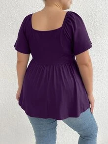 Rometta Kaos Kasual Lengan Pendek Wanita Ukuran Besar Warna Polos dengan Ruffle, Leher V, dan Ikatan di Depan - Purple - View 6