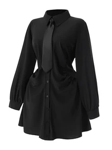 Rometta Plus Size Elegant Casual Waist Ruched Shirt Dress Fall Graduation Formal Black Halloween With Tie - Black - View 6