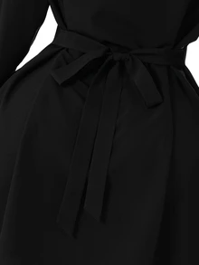 Rometta Plus Size Elegant Casual Waist Ruched Shirt Dress Fall Graduation Formal Black Halloween With Tie - Black - View 7
