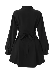 Rometta Plus Size Elegant Casual Waist Ruched Shirt Dress Fall Graduation Formal Black Halloween With Tie - Black - View 2