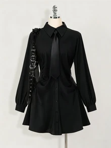 Rometta Plus Size Elegant Casual Waist Ruched Shirt Dress Fall Graduation Formal Black Halloween With Tie - Black - View 4
