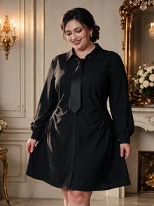 Rometta Plus Size Elegant Casual Waist Ruched Shirt Dress Fall Graduation Formal Black Halloween With Tie - Black - View 1