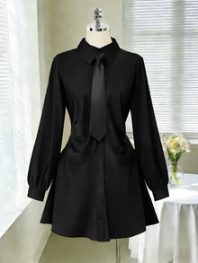 Rometta Plus Size Elegant Casual Waist Ruched Shirt Dress Fall Graduation Formal Black Halloween With Tie - Black - View 3