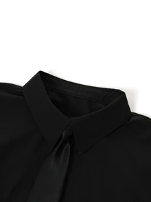Rometta Plus Size Elegant Casual Waist Ruched Shirt Dress Fall Graduation Formal Black Halloween With Tie - Black - View 8