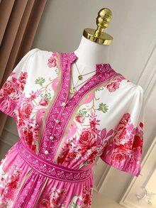 Rometta 大码女式花卉印花立领泡泡袖度假连衣裙 - 粉色 - 查看 7