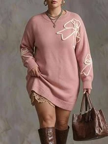 SHEIN CURVE+ Plus Size Women's Floral Print Casual Romantic L'amoure Fairy Everyday Knit Dress Date Night Party Pink Fall - Pink - View 1