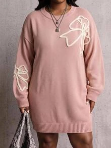 SHEIN CURVE+ Plus Size Women's Floral Print Casual Romantic L'amoure Fairy Everyday Knit Dress Date Night Party Pink Fall - Pink - View 5