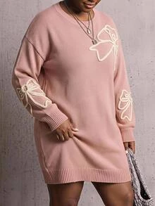 SHEIN CURVE+ Plus Size Women's Floral Print Casual Romantic L'amoure Fairy Everyday Knit Dress Date Night Party Pink Fall - Pink - View 3