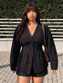GalTyme 大尺碼女款秋冬燈芯絨百褶腰夾克外套 - 黑色 - 查看 1
