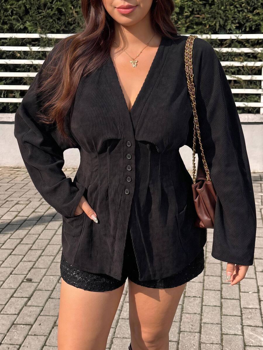 GalTyme Plus Size Women's Autumn/Winter Corduroy Pleated Waist Jacket Fall - Black - View 1