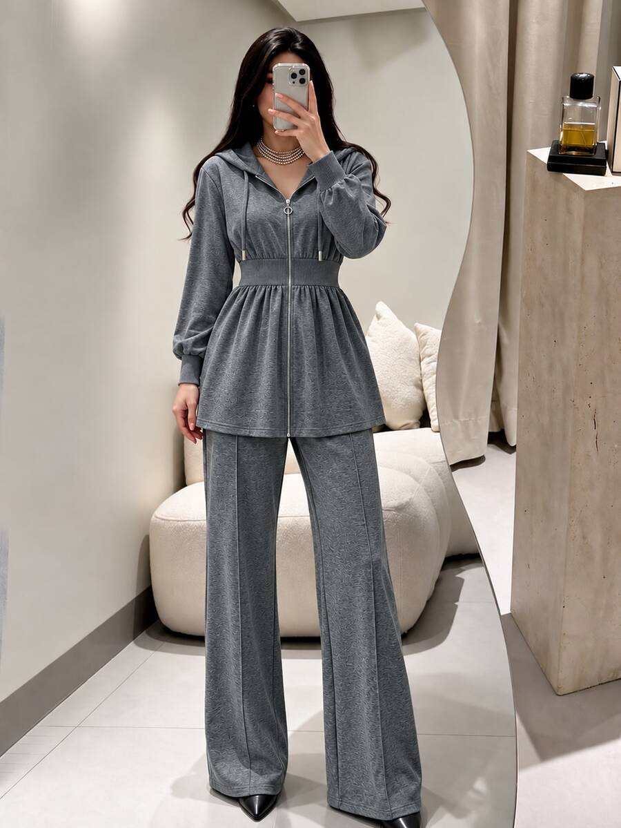 Modelyn 女款春秋款麻灰色連帽拉鍊收腰荷葉邊上衣+寬腿褲兩件套休閒居家日常穿搭 - 灰色 - 查看 1