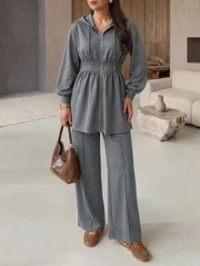 Modelyn 女款春秋款麻灰色連帽拉鍊收腰荷葉邊上衣＋寬腿褲兩件套休閒居家日常穿搭 - 灰色 - 查看 9