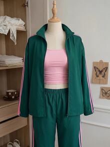 Comfortcana Plus Size Women's Casual Soft Sporty Webbing Zipper Placket Jacket And Pants 2 Pieces Set Autumn Gym Work Office Dark Green Fall - Green - View 7