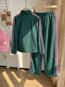 Comfortcana Plus Size Women's Casual Soft Sporty Webbing Zipper Placket Jacket And Pants 2 Pieces Set Autumn Gym Work Office Dark Green Fall - Green - View 2