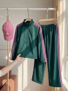 Comfortcana Plus Size Women's Casual Soft Sporty Webbing Zipper Placket Jacket And Pants 2 Pieces Set Autumn Gym Work Office Dark Green Fall - Green - View 8