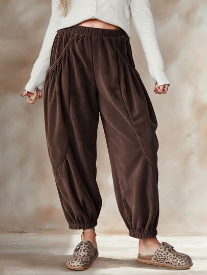 SHEIN American Retro Brown Corduroy Curved Leg Wide Leg Pants, Curved Large Pockets High Waist Loose Slimming Casual Long Pants For Women