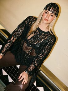 Freevana Plus Size Women Fashion Party Lace Long Sleeve Blouse Fall - Black - View 3