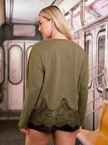 Freevana Plus Size Women Casual Fashion Versatile Lace Patchwork Hem Long Sleeve T-Shirt Fall - Army Green - View 2
