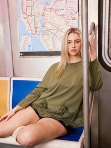 Freevana Plus Size Women Casual Fashion Versatile Lace Patchwork Hem Long Sleeve T-Shirt Fall - Army Green - View 6