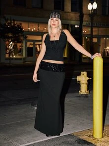 Freevana Plus Size Women Sequin Casual Elegant Sexy Versatile Daily Wear Skirt Fall Christmas Cocktail Party Formal Night Black - Black - View 5
