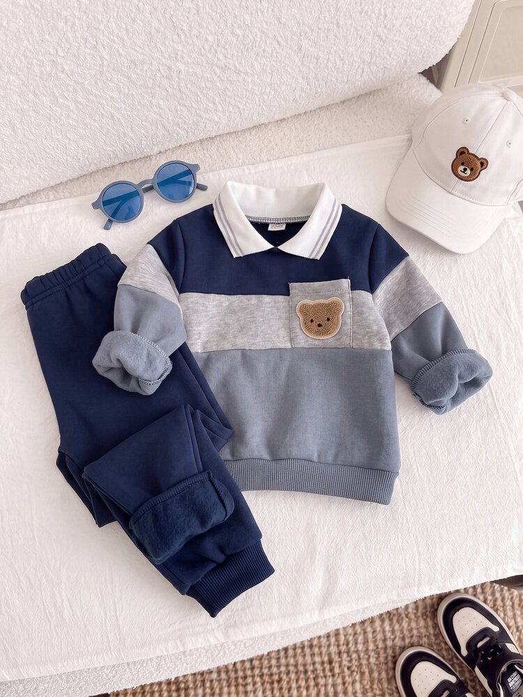 SHEIN 2pcs Baby Boy Polo Sweatshirt Set Cute Preppy Navy Grey Bear Patch Colorblock Long Sleeve Polo Collar Lightweight Outdoor Fall Sweaters Holiday Pocket - Grey - View 5