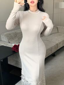 Feyla New French Vintage Elegant High Neck Lace Trim Patchwork Slimming Bodycon Dress - Apricot - View 4
