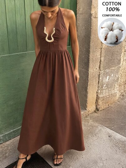 Travachic Vestido de mujer con cuello halter, decoración metálica, casual elegante, estilo tropical, para fiesta y vacaciones, color marrón, verano