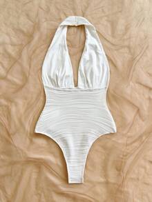 Soleia Women's Solid Color Deep V-Neck Textured Sexy Tropical Halter Neck Bodysuit Beach Party White Summer,Backless,Girly,Daily - White - View 2