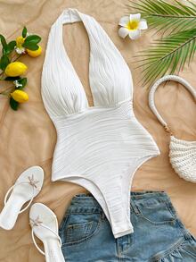 Soleia Women's Solid Color Deep V-Neck Textured Sexy Tropical Halter Neck Bodysuit Beach Party White Summer,Backless,Girly,Daily - White - View 7