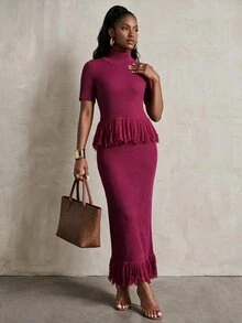 BamGlimmer Elegant Solid Color High Neck Tassel Hem Short Sleeve Sweater Knitted Skirt 2pcs Set Dinner Date Night Magenta Autumn - Purple - View 4