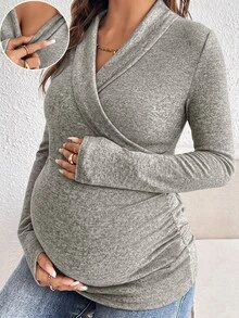 SHEIN 女款 V 領長袖極簡哺乳上衣 秋季 - 卡其色 - 查看 1