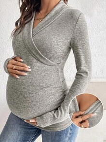 SHEIN 女款 V 領長袖極簡哺乳上衣 秋季 - 卡其色 - 查看 3