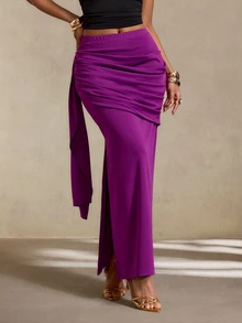 BamGlimmer Fall/ Oversized Elegant Sexy Deep Purple Stretch Knit Fabric Ribbon Bodycon Slit Skirt, Party Date Night Dinner - Purple - View 6
