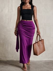 BamGlimmer Fall/ Oversized Elegant Sexy Deep Purple Stretch Knit Fabric Ribbon Bodycon Slit Skirt, Party Date Night Dinner - Purple - View 5